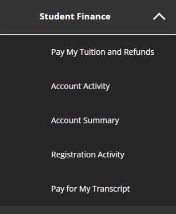 screen grab of a menu list that reads in order: Student Finance, Pay My Tuition and Refunds, Account Activity, Account Summary and Pay for Registration