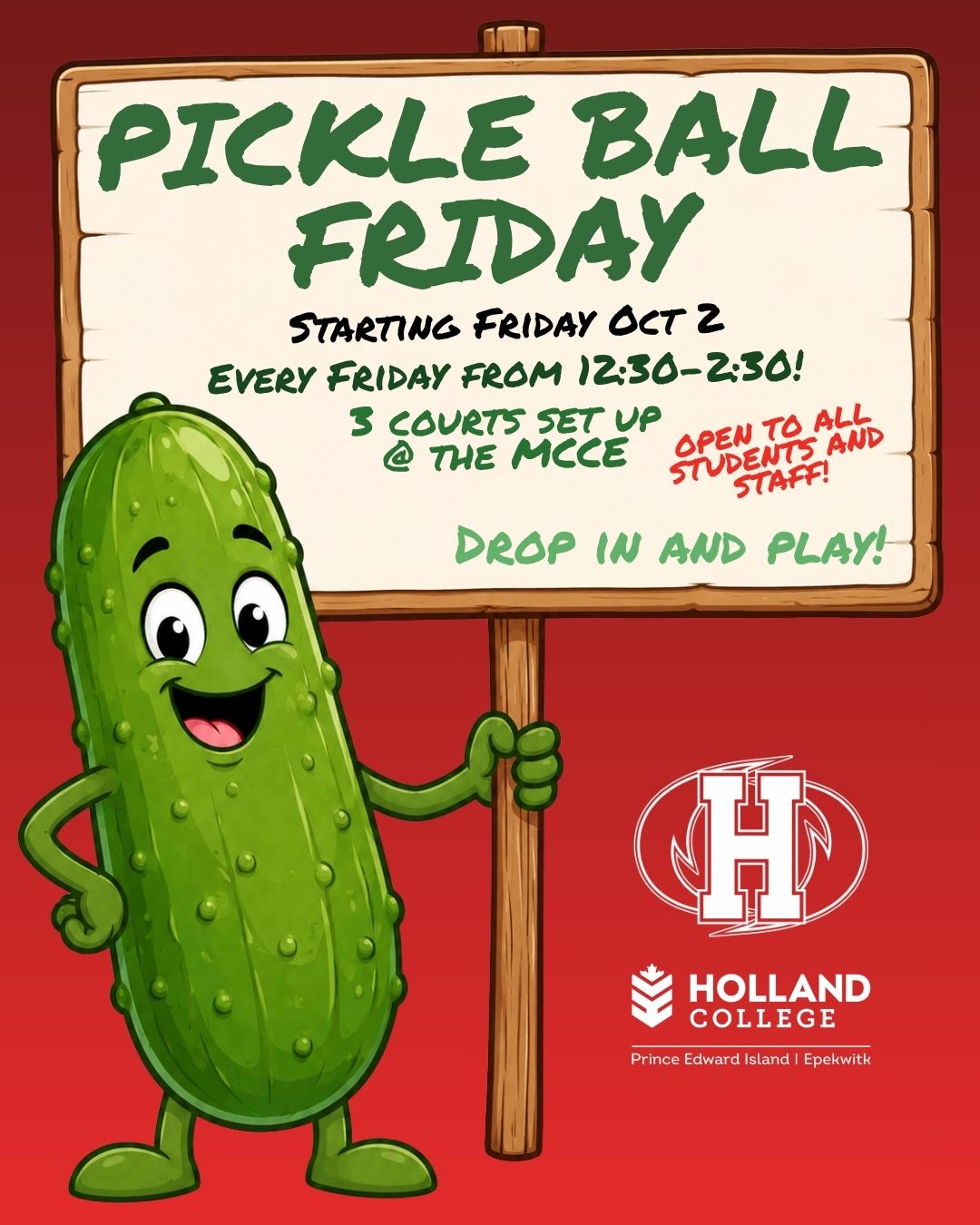 pickleball drop-in Fridays 12:30-2:30 at MCCE